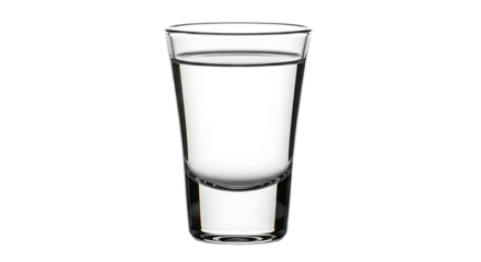 Shot glass with clear liquid on isolated black background close up