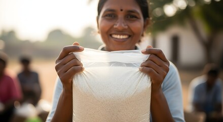 Smiling Indian woman proudly holds a bag of rice in front of a rural village scene.