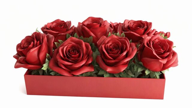 A bouquet of red roses arranged in a rectangular red gift box.
