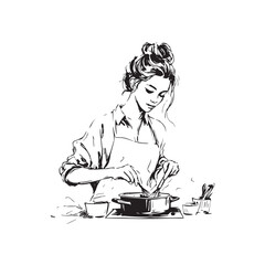 Black and White Illustration of Beautiful Woman Cooking in the Kitchen Minimalist Elegant Artwork Design
