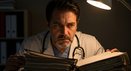 medical personnel dedicated doctor reviews patient records late night