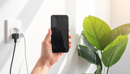 "Smartphone charging near wall outlet with leafy plant and sheer curtain in bright indoor space, capturing everyday tech use and natural ambiance."