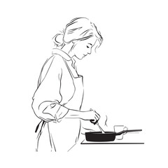 Black and White Illustration of Beautiful Woman Cooking in the Kitchen Minimalist Elegant Artwork Design
