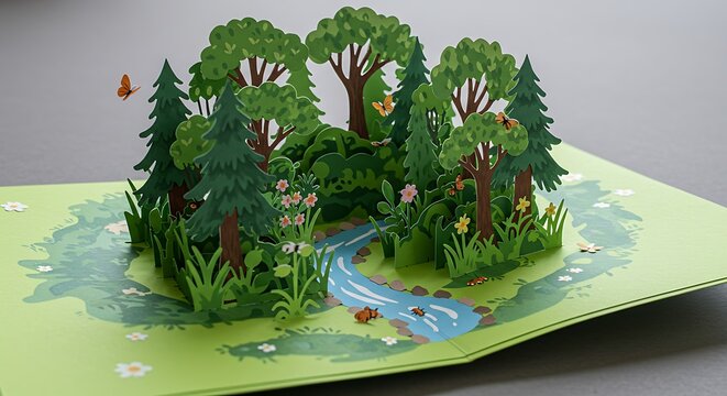 Whimsical pop-up card design showcasing a detailed paper forest landscape with a winding river, lush trees, and delicate butterflies.