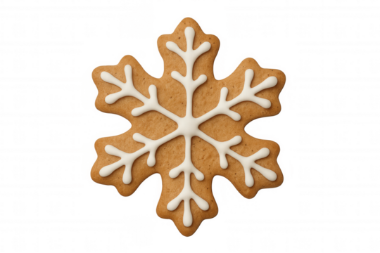 Gingerbread snowflake cookie decorated with white icing, symbolising christmas holiday baking and winter seasons