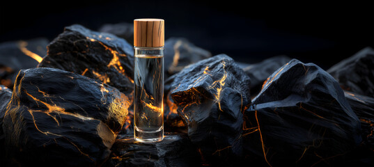 Creative minimal concept. A clear glass bottle on rough black Rock stone podium with gold vein crack glowing on dark calm background. Mock up template for product presentation. copy text space