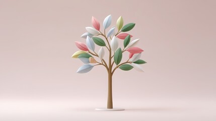 A stylized tree with colorful leaves on a minimalistic background.