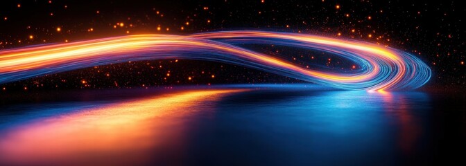 Glowing swirling light trails in vibrant orange, yellow, and blue colors floating over a reflective dark surface with scattered glowing particles in the background
