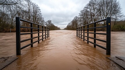 Medium wide shot of automated gates rising as part of Smart Flood Barrier flood control system. 