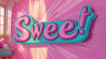 Colorful 3D text reading 'sweet!' in large bubbly letters with pink and teal colors on a pink wall with sunlight streaming in, creating a cheerful and vibrant atmosphere