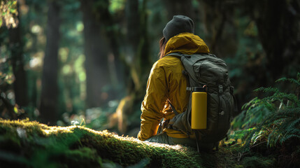 Hiker enjoying a peaceful moment in a vibrant forest while wearing a bright yellow jacket