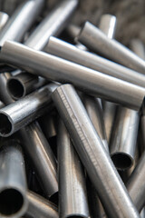 Shiny Steel Tubes Close Up, Industrial Metal Cylinders Texture