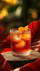 Refreshing negroni cocktail elegantly served without topping surrounded by lush foliage in a vibrant setting