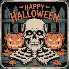 Spooky halloween celebration featuring a skeleton and jack o lanterns in front of a rustic wooden fence with falling autumn leaves