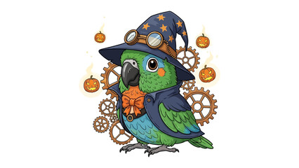 Wizardly Parrot in Gear: A captivating illustration of a parrot adorned in a wizard's hat, spectacles, and intricate steampunk-inspired gears.