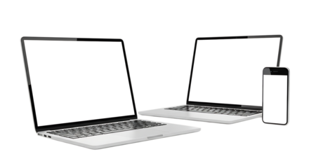 Two laptops and a phone mockup with blank screens isolated