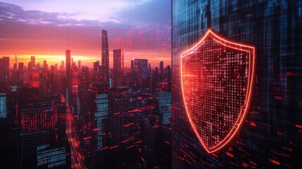 Glowing red shield of binary code on city building at sunset
