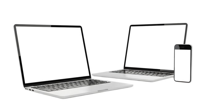 Two laptops and a phone mockup with blank screens isolated