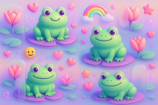 Cute green frogs sitting on lily pads with hearts, flowers, rainbow, and stars on a dreamy pastel background in cartoon style. Ai generative
