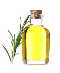 Bottle of rosemary essential oil isolated on white background, closeup
