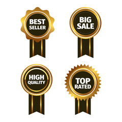 Golden Award Badges Set with Black Ribbons – Best Seller, Big Sale, Top Rated, High Quality