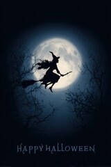 Fototapeta premium Witch Silhouette Against Full Moon — Happy Halloween.