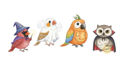 Halloween Birds: An enchanting ensemble of whimsical bird illustrations donning Halloween costumes, from a majestic wizard to a spectral ghost, a cheerful pumpkin-bird.