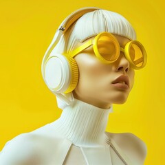 Unique woman with white hair and vibrant yellow sunglasses exudes style against a cheerful yellow background