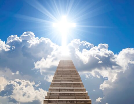 Stone steps ascend towards a radiant cross in a bright, blue sky filled with fluffy white clouds