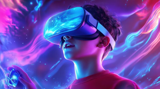 Awestruck Caucasian child wearing VR headset in indoor studio