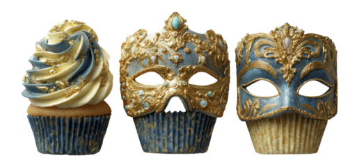Elegant Cupcake and Vintage Masks with Gold and Blue Decorative Elements