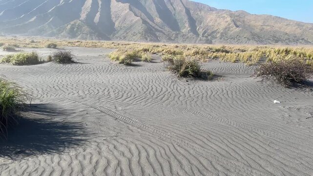 4k footage of mountain savannah with a strong wind gust creating a sand storm. Wind blows fast on the sea of sand, a volcanic sand storm. Located at the Mount Bromo caldera. Beauty of nature.