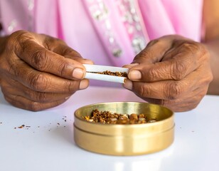 Woman Rolling Tobacco Cigarette.