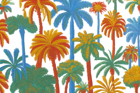 Seamless Tropical Pattern with Colorful Palm Trees Against Black Backdrop Dotted Textured Design Vibrant Blue Green Red and Yellow Tones Summer Aesthetic Transparent Background