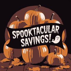 Spooktacular savings halloween sale featuring pumpkins and a friendly ghost offering great deals for the holiday season