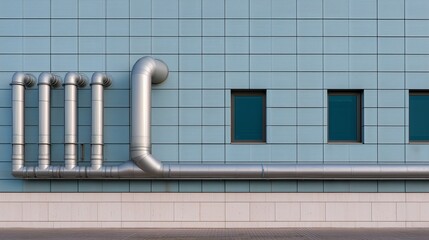 Industrial building exterior with blue wall and metallic pipes creating modern architectural design