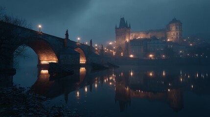 Historic stone bridge illuminated at night with castle and reflections in calm water