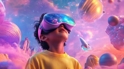 Awestruck Asian boy experiencing virtual reality in space