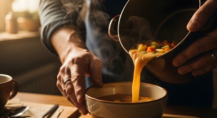 A person's hands pour hot, steaming homemade vegetable soup from a saucepan into a bowl, serving a comforting meal.
