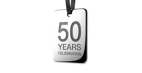 50th Anniversary Medal Tag with Ribbon on White Background — Half-Century Celebration