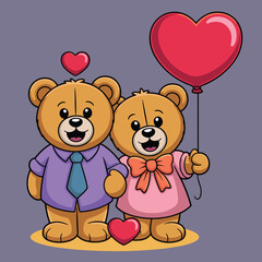 Two teddy bears with hearts and balloon