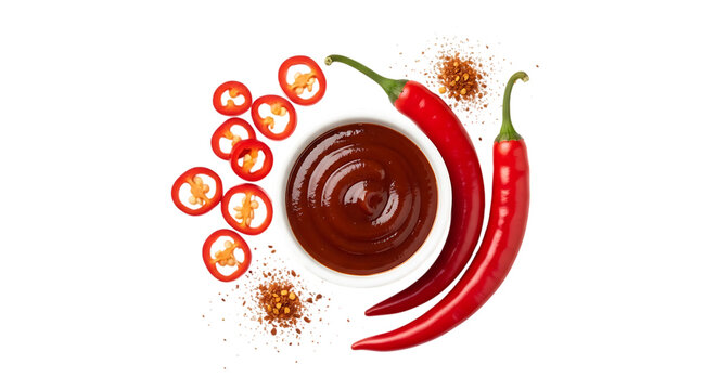 Spicy chili sauce and fresh red peppers on a dark background - Powered by Adobe