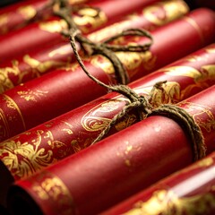 Close-up of rolled red scrolls with gold patterns