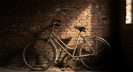 An old, weathered bicycle leans against a textured brick wall, bathed in dramatic light and shadow, suggesting abandonment or a bygone era.