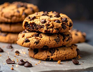 A stack of chocolate chip cookies, one with a bite