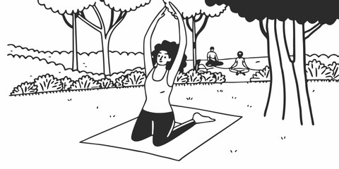 Naklejka premium Woman doing yoga on a mat in a park with trees and other people meditating in the background drawing