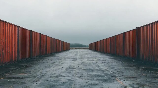 Rows of Rustic Wooden Shipping Containers Forming a Narrow Path Under a Gloomy Sky in an Industrial Setting 4k video footage