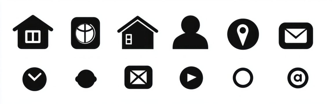 Set of sixteen simple black silhouette icons including houses, user profile, location pin, mail envelope, clock, and play button arranged in two rows on white background - Powered by Adobe