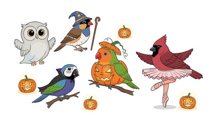 Halloween Birds Illustration: Playful illustration of various bird species transformed with festive Halloween costumes, surrounded by carved pumpkins. A creative and fun holiday theme.