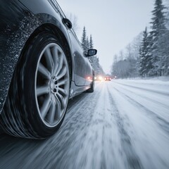 Close-up of a car wheel on a snowy road, showcasing winter driving conditions amid a serene landscape